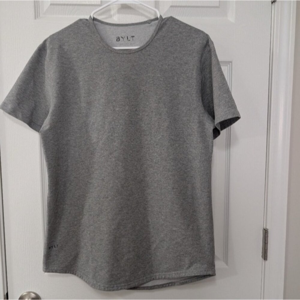 Bylt Basics, Mens Drop Cut Lux Short Sleeve Shirt, Gray, Athleisure, Curved Hem